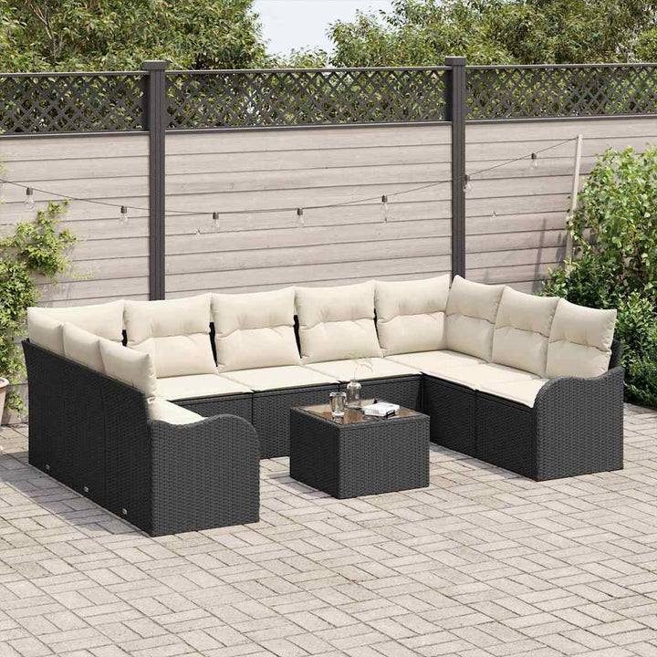 Havesofa Sæt med pude 10 pcs Sort og hvid Poly rattan