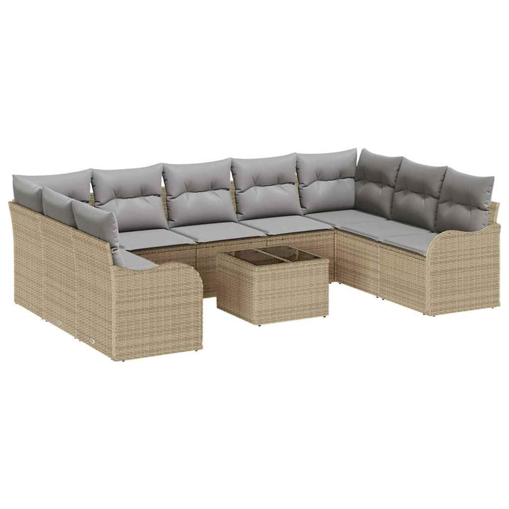 Havesofa Sæt med pude 10 pcs beige og lysegrå Poly rattan