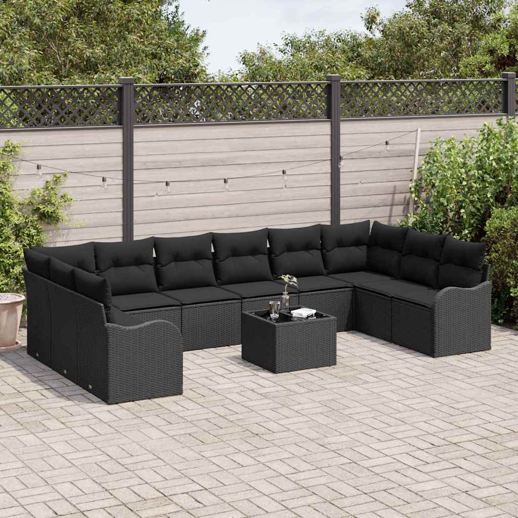 Havesofa Sæt med opbevaring 11 pcs Sort polyrattan