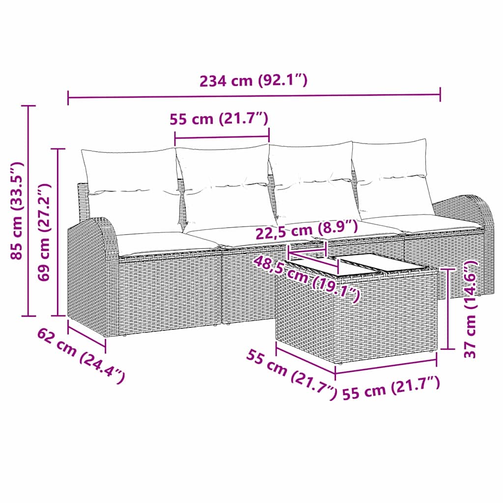 Havesofa Sæt 5 stk. 4-Antal sæder Sort polyrattan