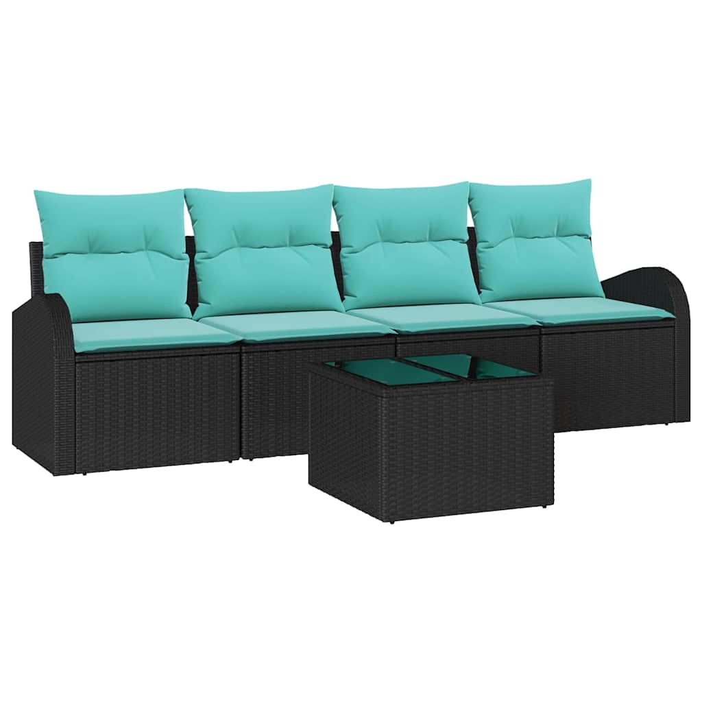 Havesofa Sæt med opbevaring 5 pcs Sort og turkis polyrattan