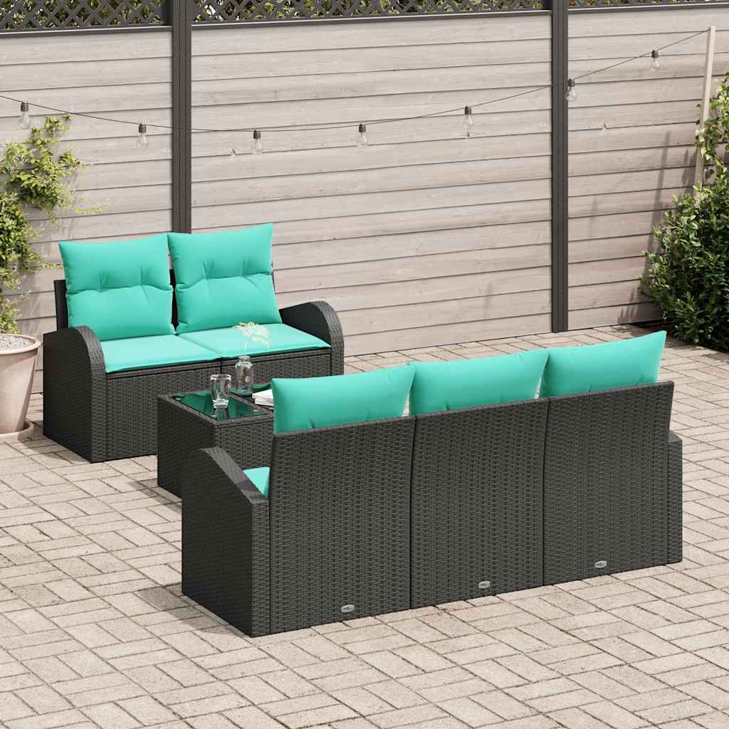 Havesofa Sæt 6 pcs Sort og turkis Polyrattan og stål og glas