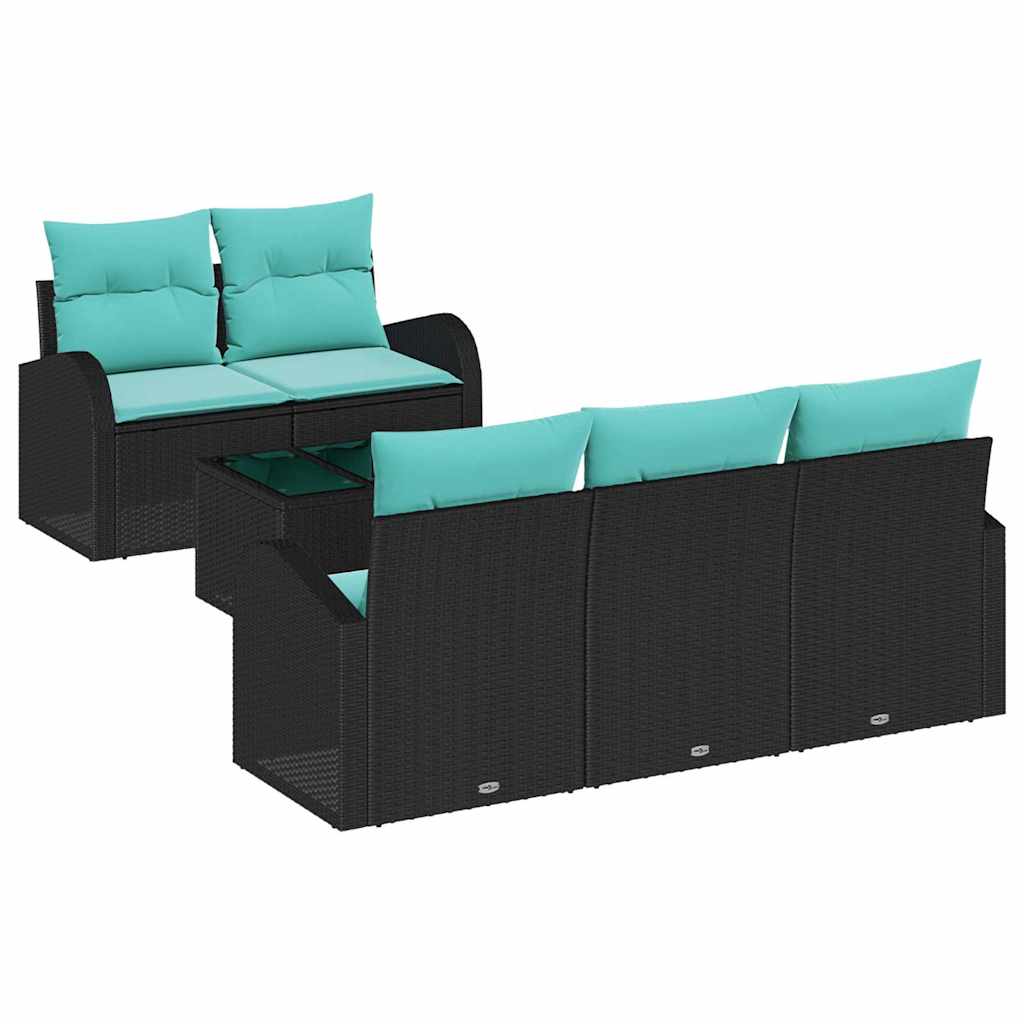 Havesofa Sæt 6 pcs Sort og turkis Polyrattan og stål og glas