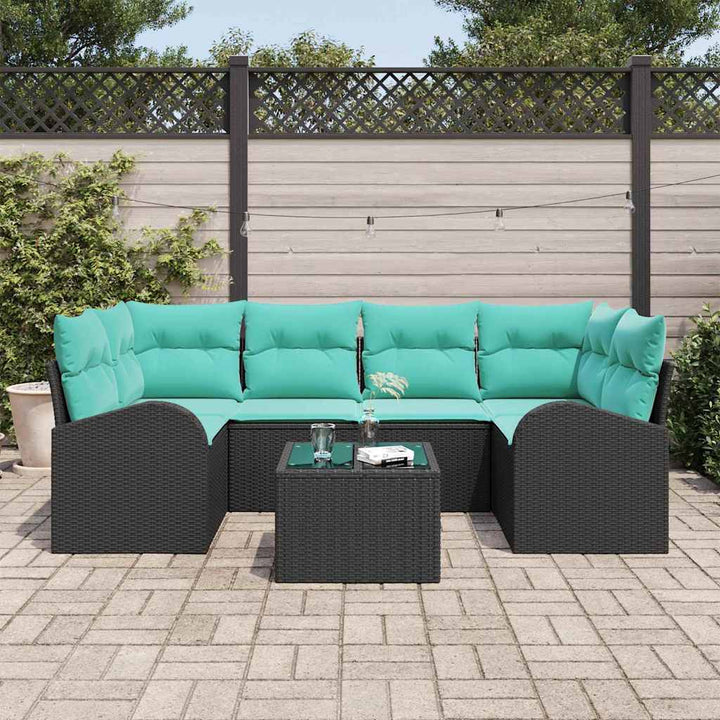 Havesofa Sæt med opbevaring 7 pcs Sort og turkis polyrattan