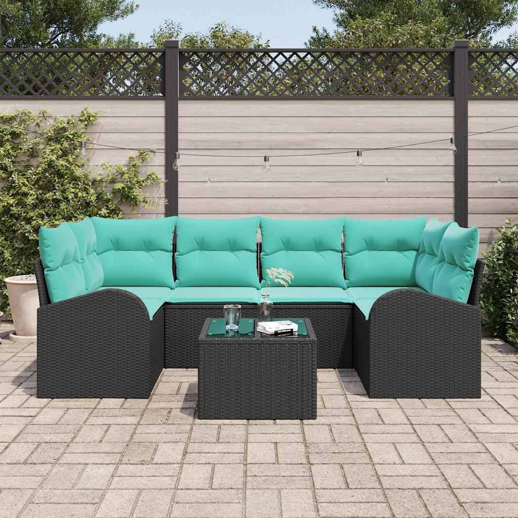 Havesofa Sæt 7 stk. 6-Antal sæder Sort og turkis polyrattan