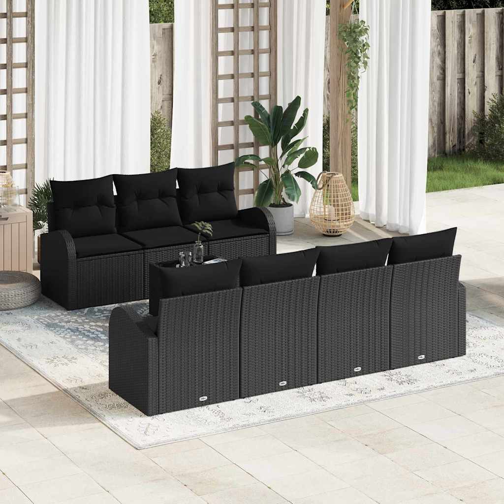 Havesofa Sæt med pude 8 pcs Sort Polyrattan og stål og glas
