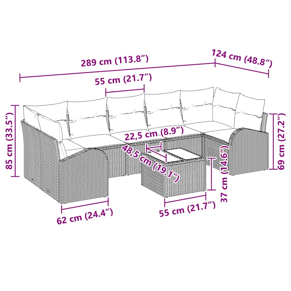 Havesofa Sæt 8 pcs Beige og grå 289 x 124 x 69 cm polyrattan