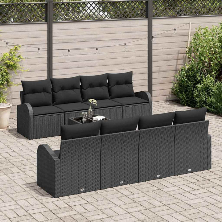 Havesofa Sæt med opbevaring med pude 9 pcs Sort polyrattan