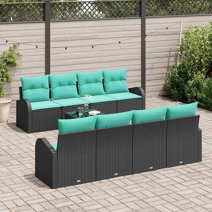 Sofa Sæt 9 stk. 8-Antal sæder Sort og turkis polyrattan