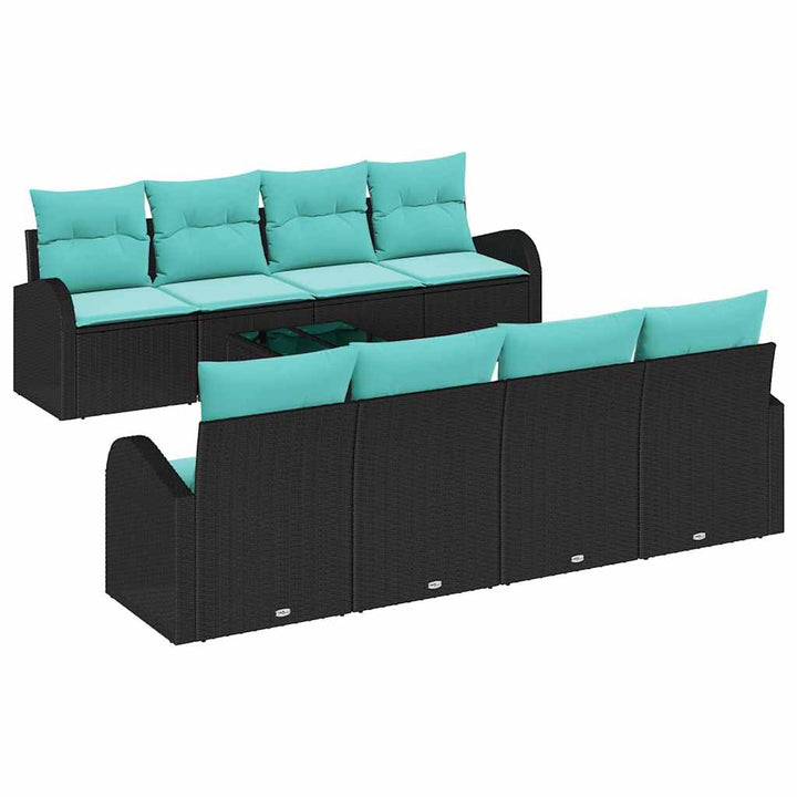 Sofa Sæt 9 stk. 8-Antal sæder Sort og turkis polyrattan