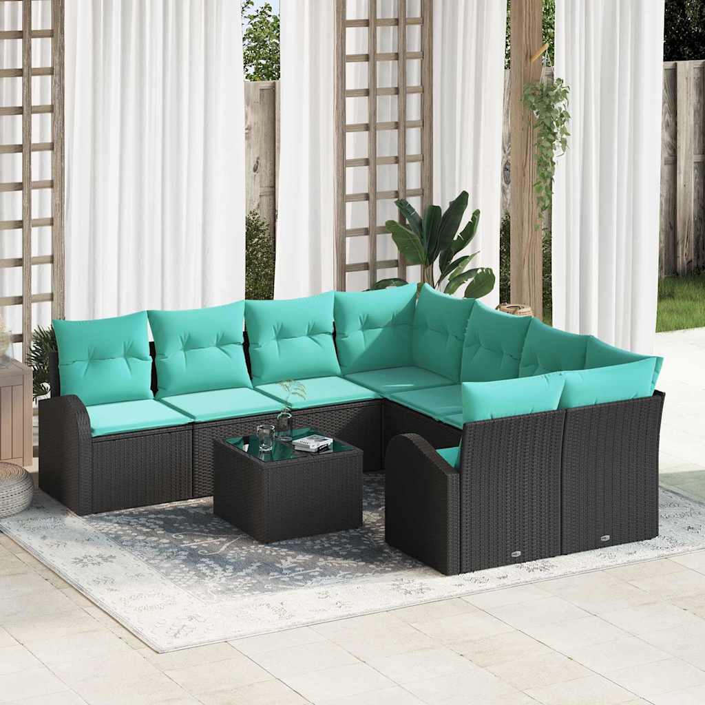 Sofa Sæt 9 stk. 8-Antal sæder Sort og turkis polyrattan