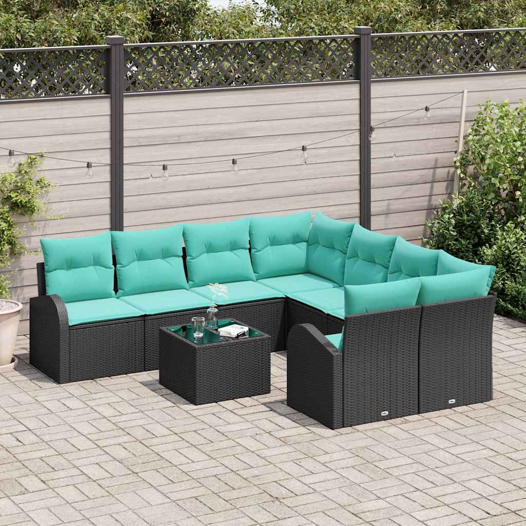 Sofa Sæt med pude 9 pcs Sort og turkis polyrattan