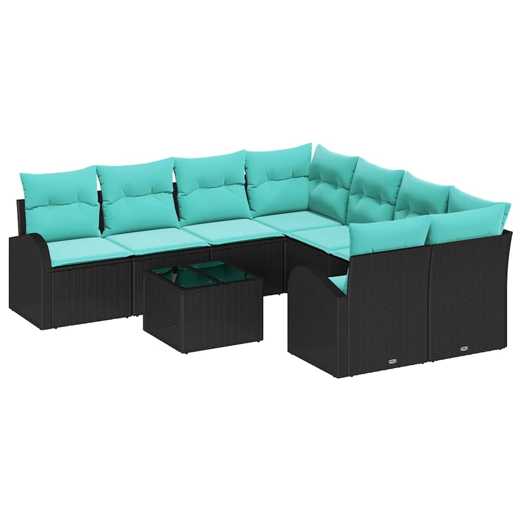 Sofa Sæt med pude 9 pcs Sort og turkis polyrattan