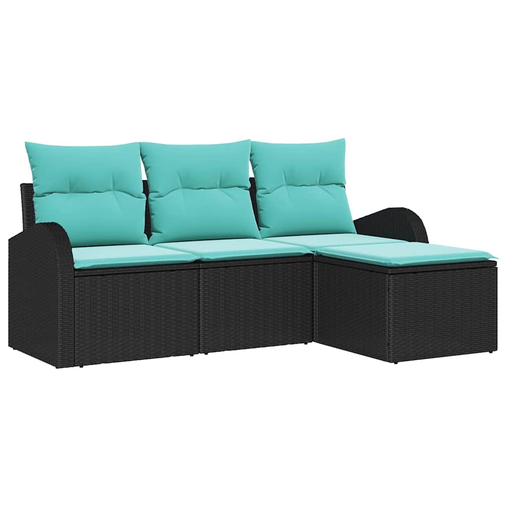 Sofa Sæt med pude 4 pcs Sort og turkis polyrattan