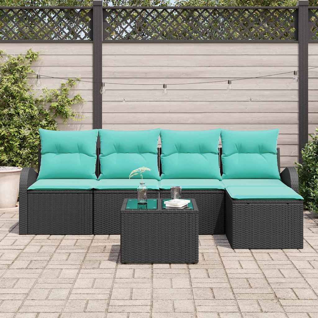 Sofa Sæt med pude 6 pcs Sort og turkis polyrattan
