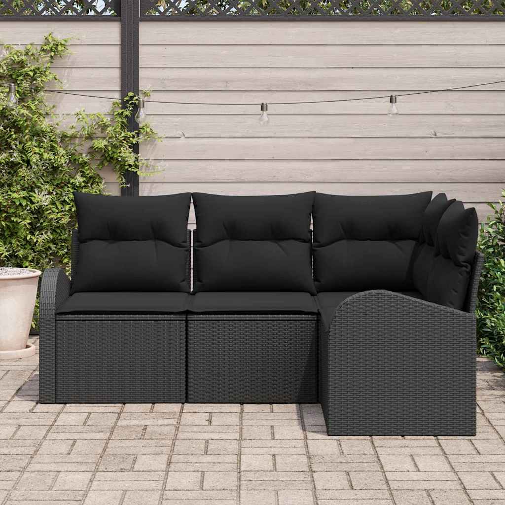 Havesofa Sæt med pude med opbevaring 4 pcs Sort polyrattan