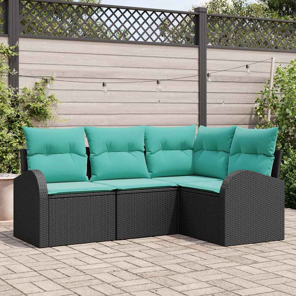 Havesofa Sæt med pude 4 pcs Sort og turkis polyrattan