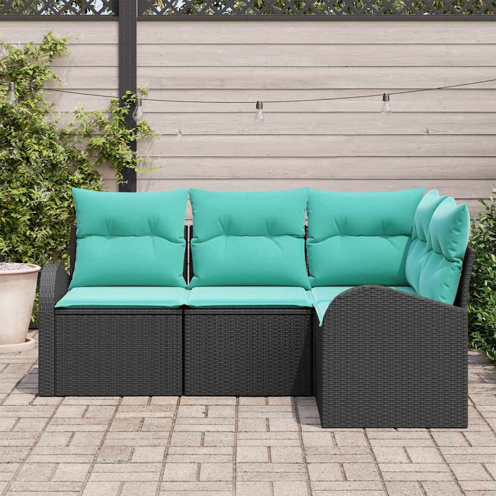 Havesofa Sæt med pude 4 pcs Sort og turkis polyrattan