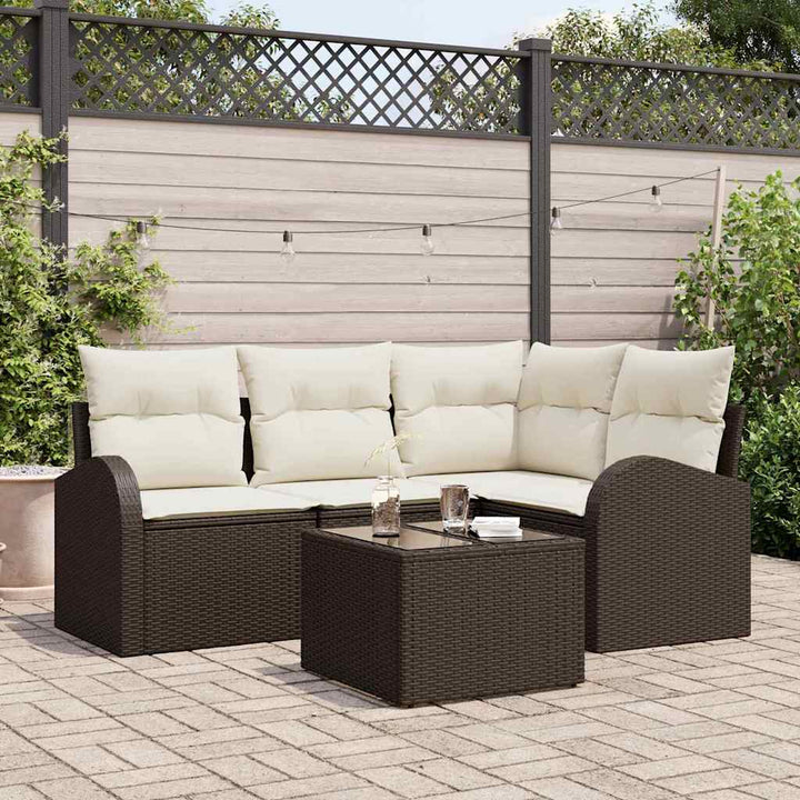 Havesofa Sæt med pude 5 pcs Brun og hvid polyrattan
