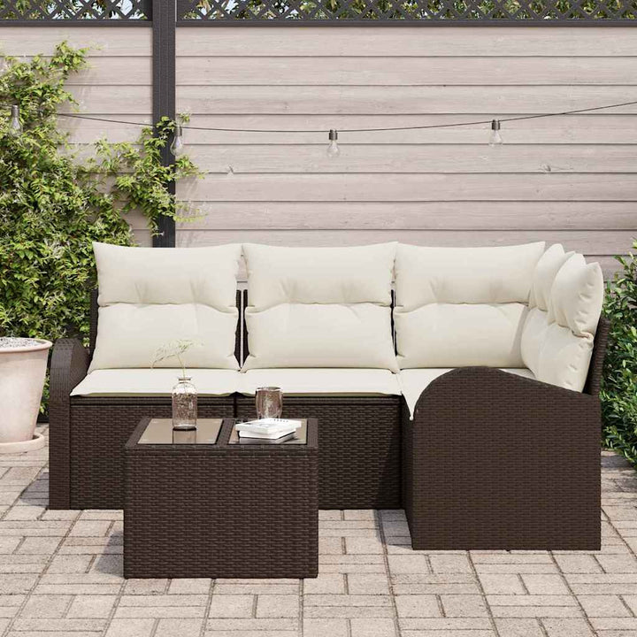 Havesofa Sæt med pude 5 pcs Brun og hvid polyrattan