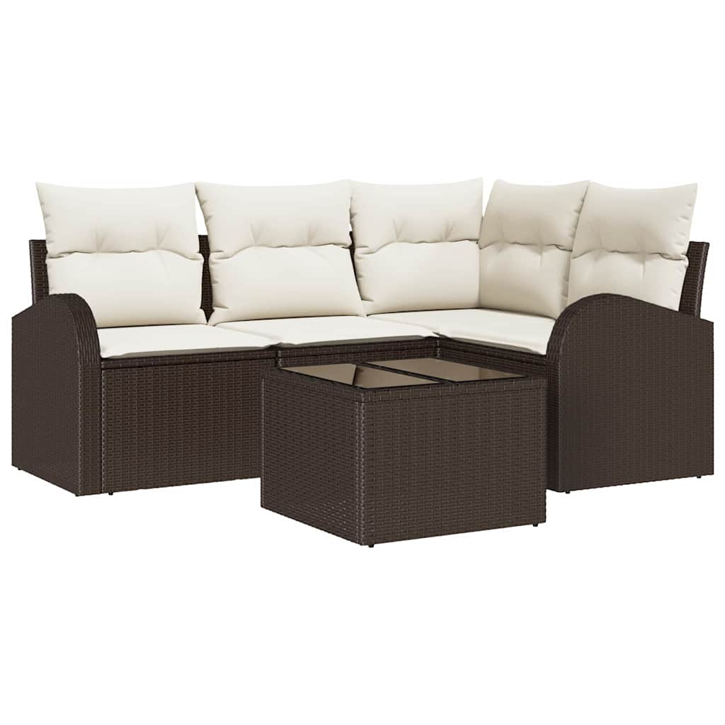 Havesofa Sæt med pude 5 pcs Brun og hvid polyrattan