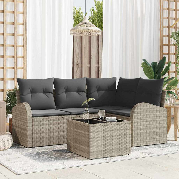 Havesofa Sæt med pude med opbevaring 5 pcs Lysegrå polyrattan