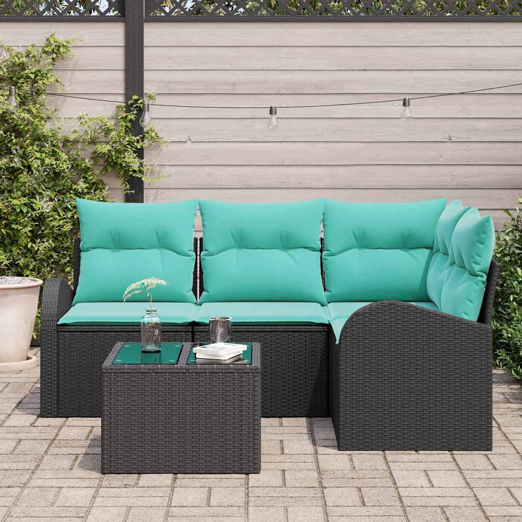 Havesofa Sæt med pude 5 pcs Sort og turkis polyrattan