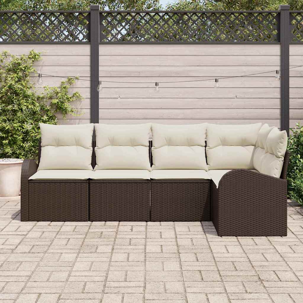 Havesofa Sæt med pude 5 pcs Brun og hvid polyrattan