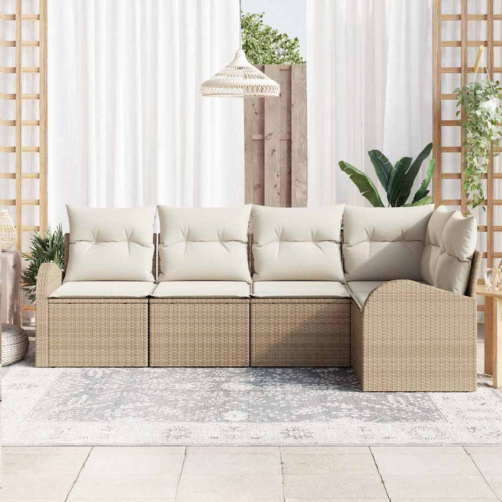 Havesofa Sæt med pude 5 pcs Beige og hvid polyrattan