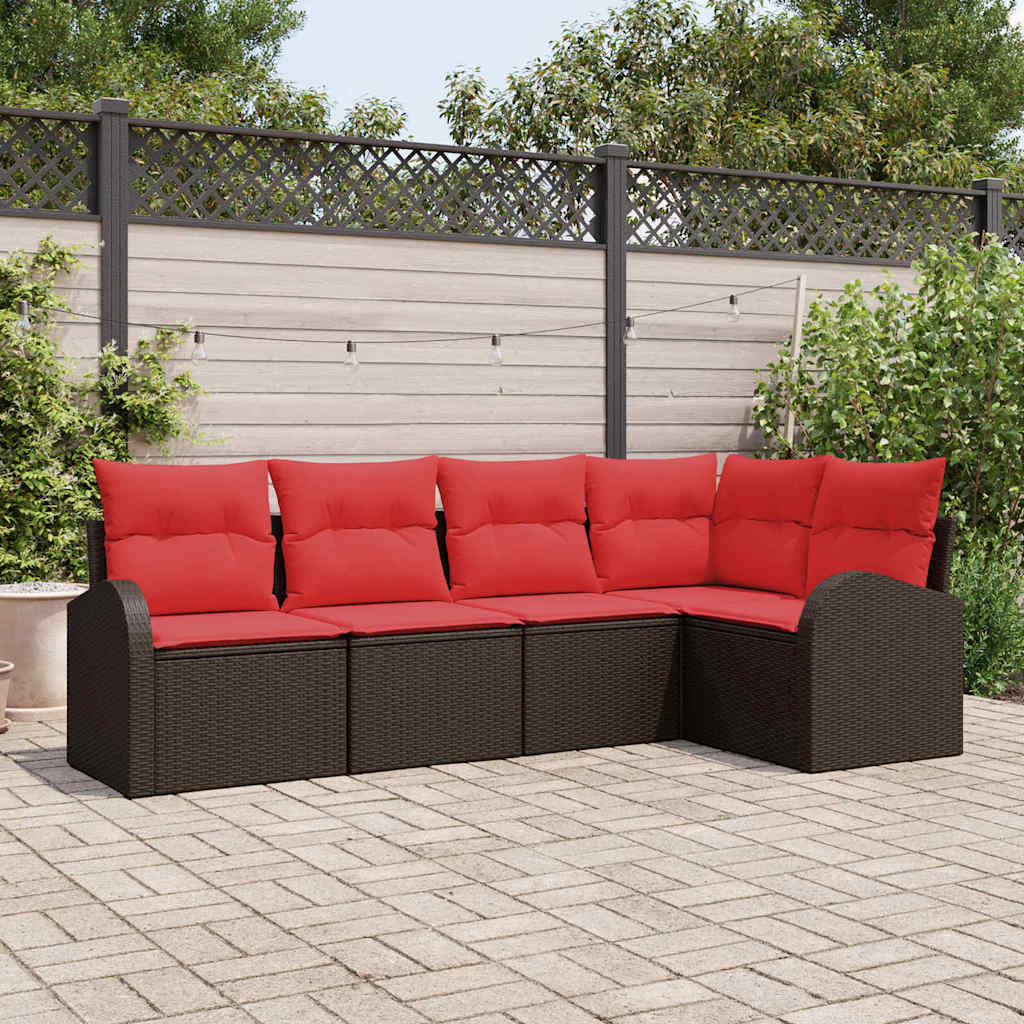 Havesofa Sæt med pude 5 pcs Brun og Rød polyrattan