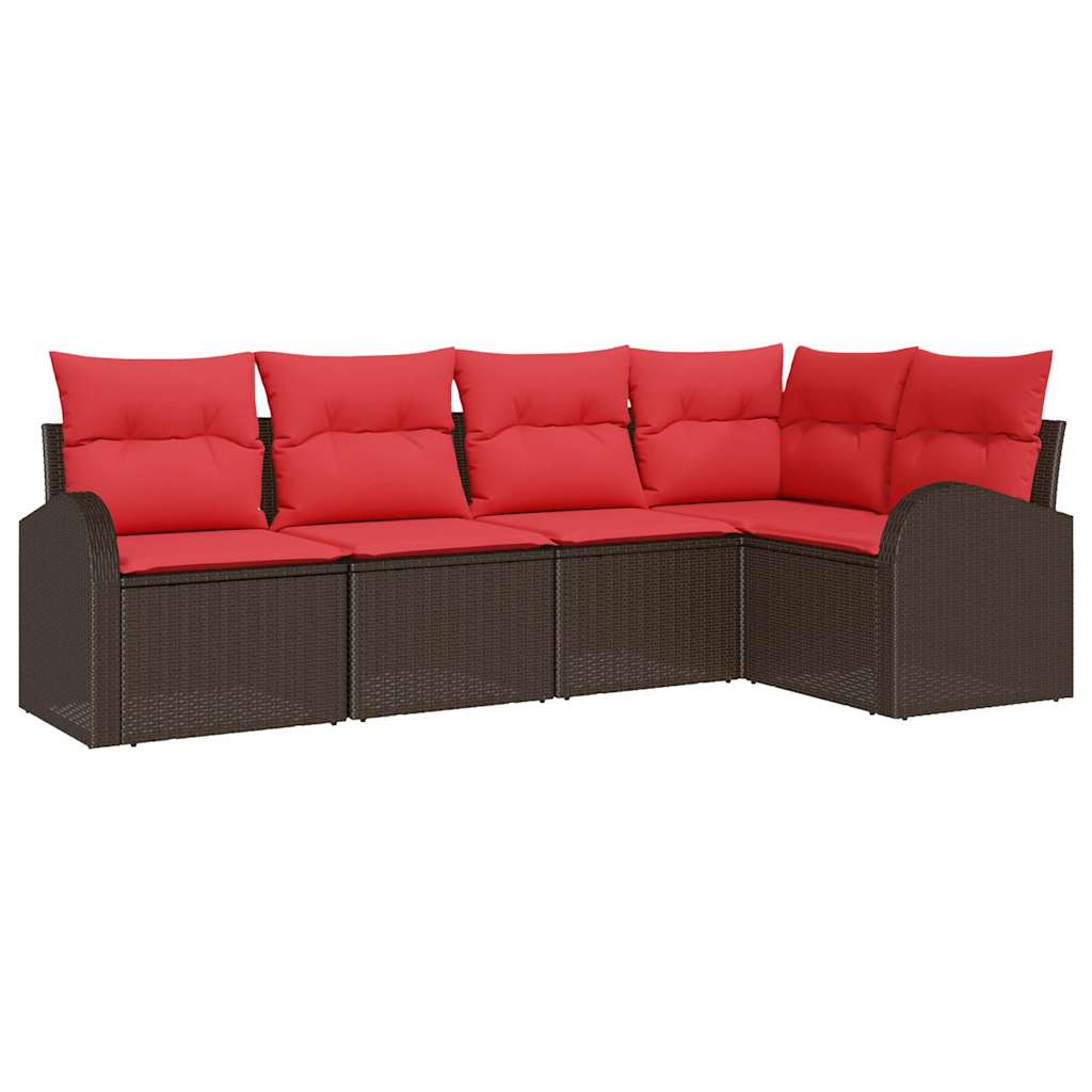 Havesofa Sæt med pude 5 pcs Brun og Rød polyrattan