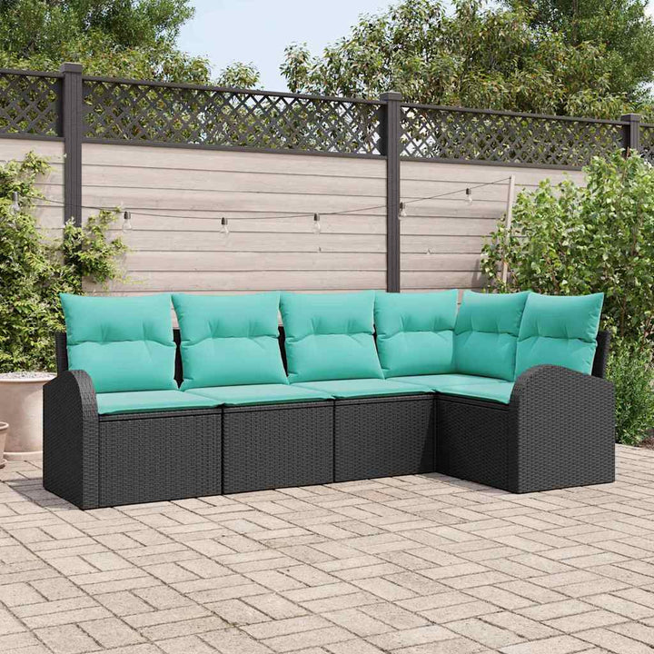 Havesofa Sæt med pude 5 pcs Sort og turkis polyrattan