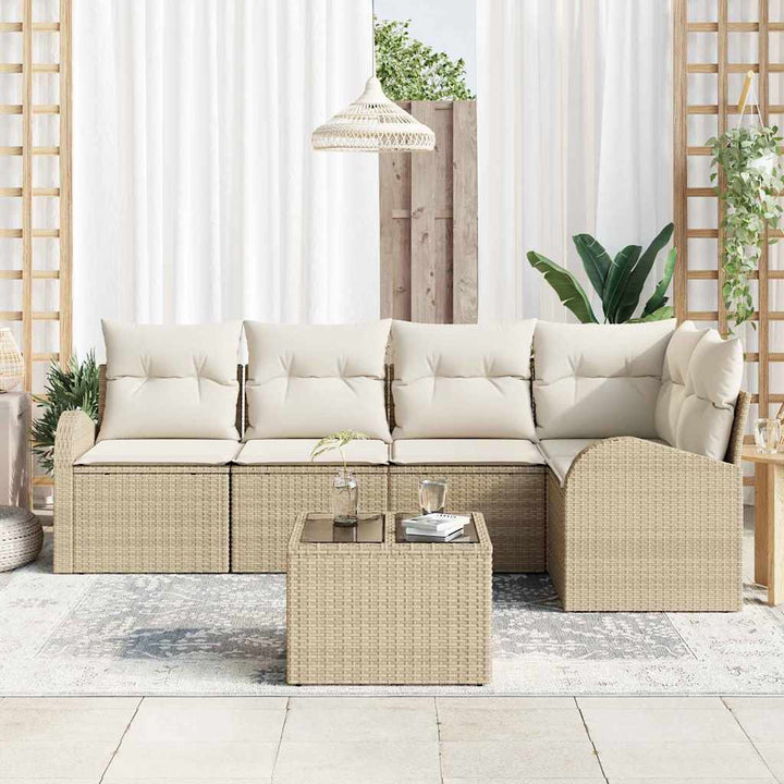 Havesofa Sæt med pude 6 pcs Beige og hvid polyrattan