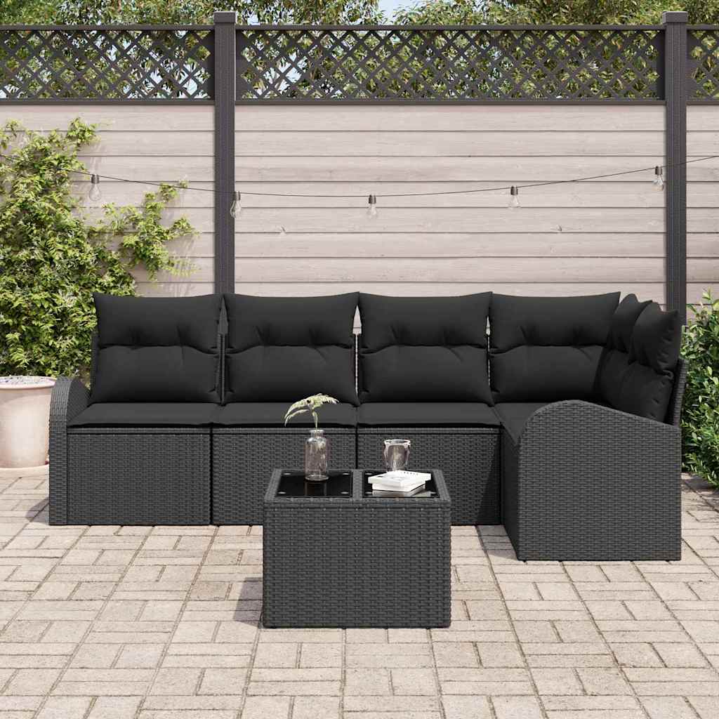 Havesofa Sæt med pude med opbevaring 6 pcs Sort polyrattan