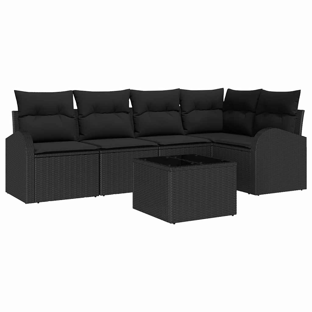 Havesofa Sæt med pude med opbevaring 6 pcs Sort polyrattan