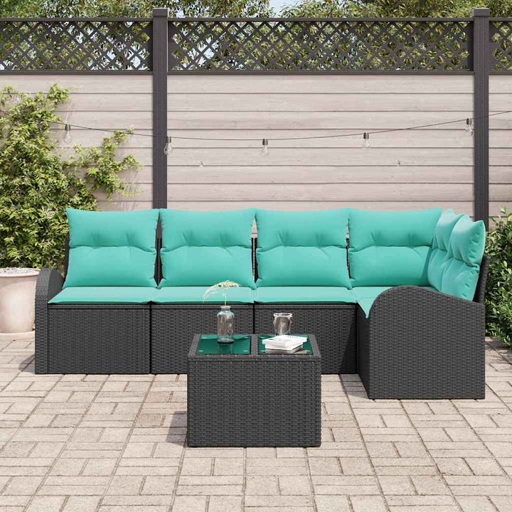 Havesofa Sæt med pude 6 pcs Sort og turkis polyrattan