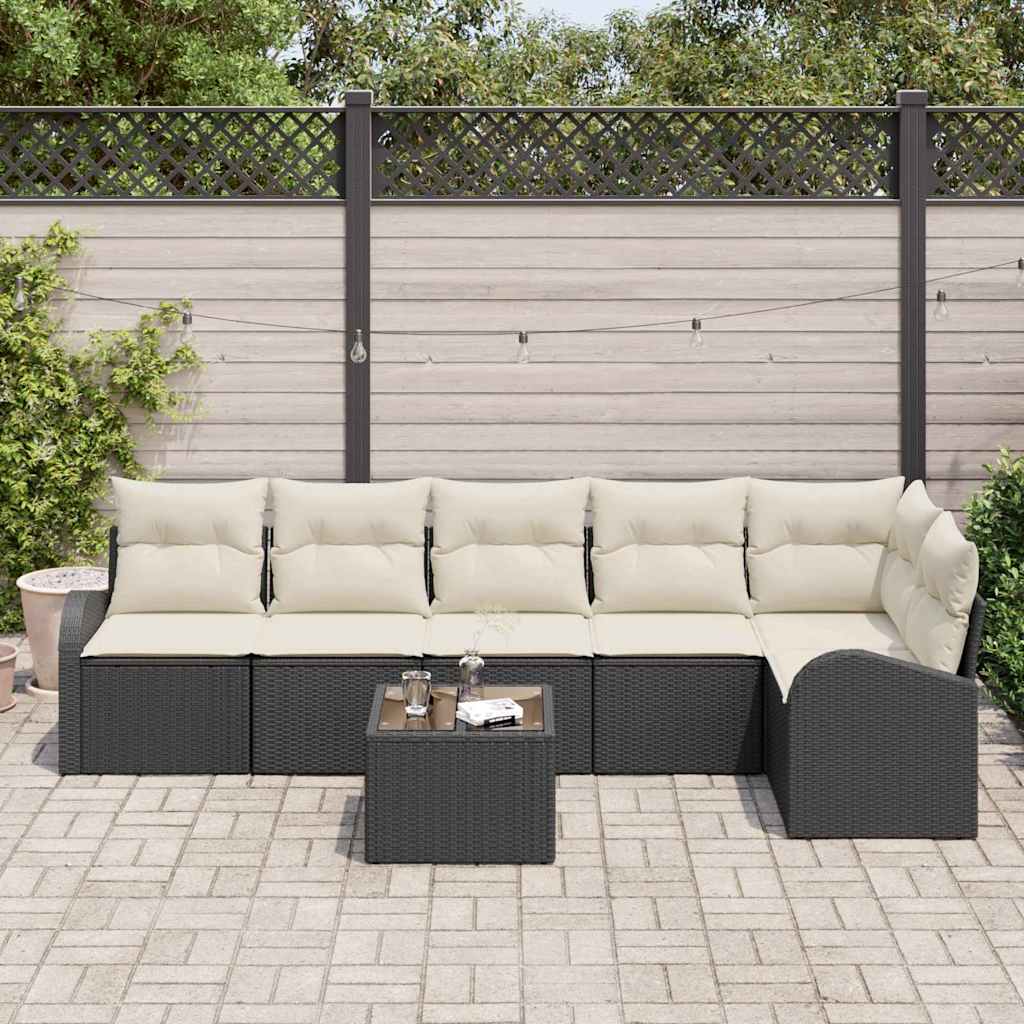 Havesofa Sæt med pude 7 pcs Sort og Hvid polyrattan
