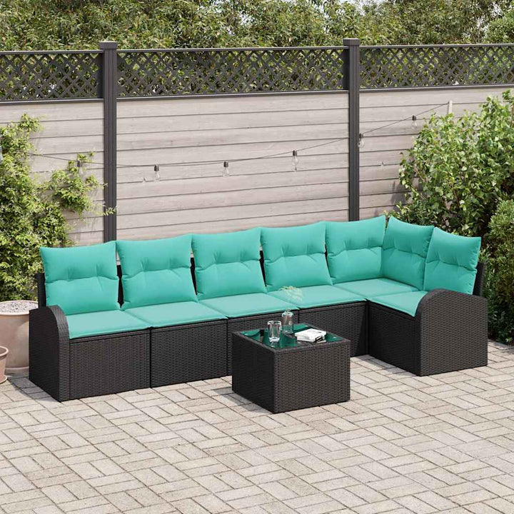 Havesofa Sæt med pude 7 pcs Sort og turkis polyrattan