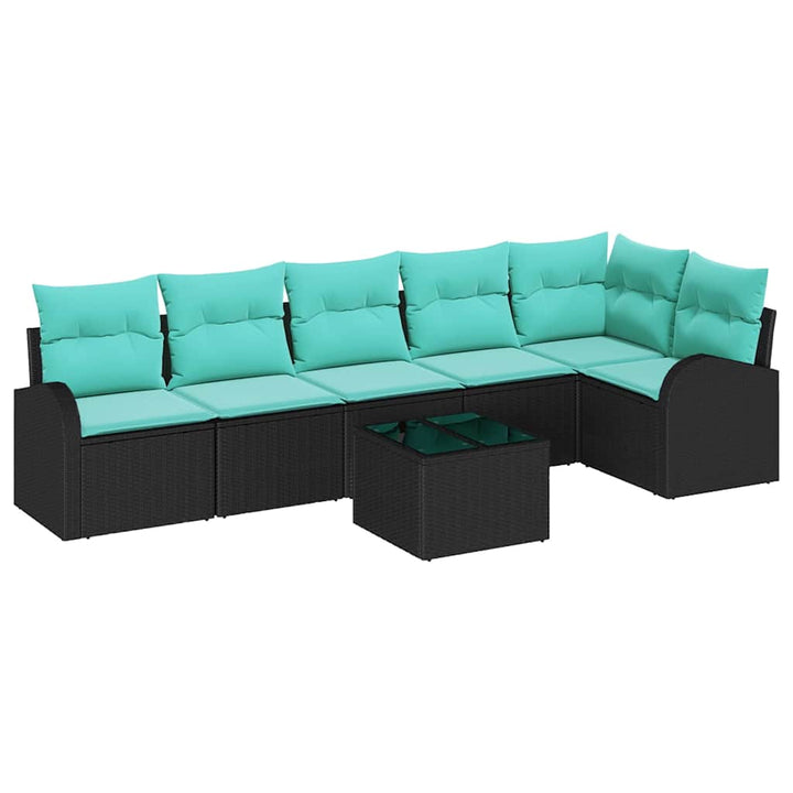 Havesofa Sæt med pude 7 pcs Sort og turkis polyrattan