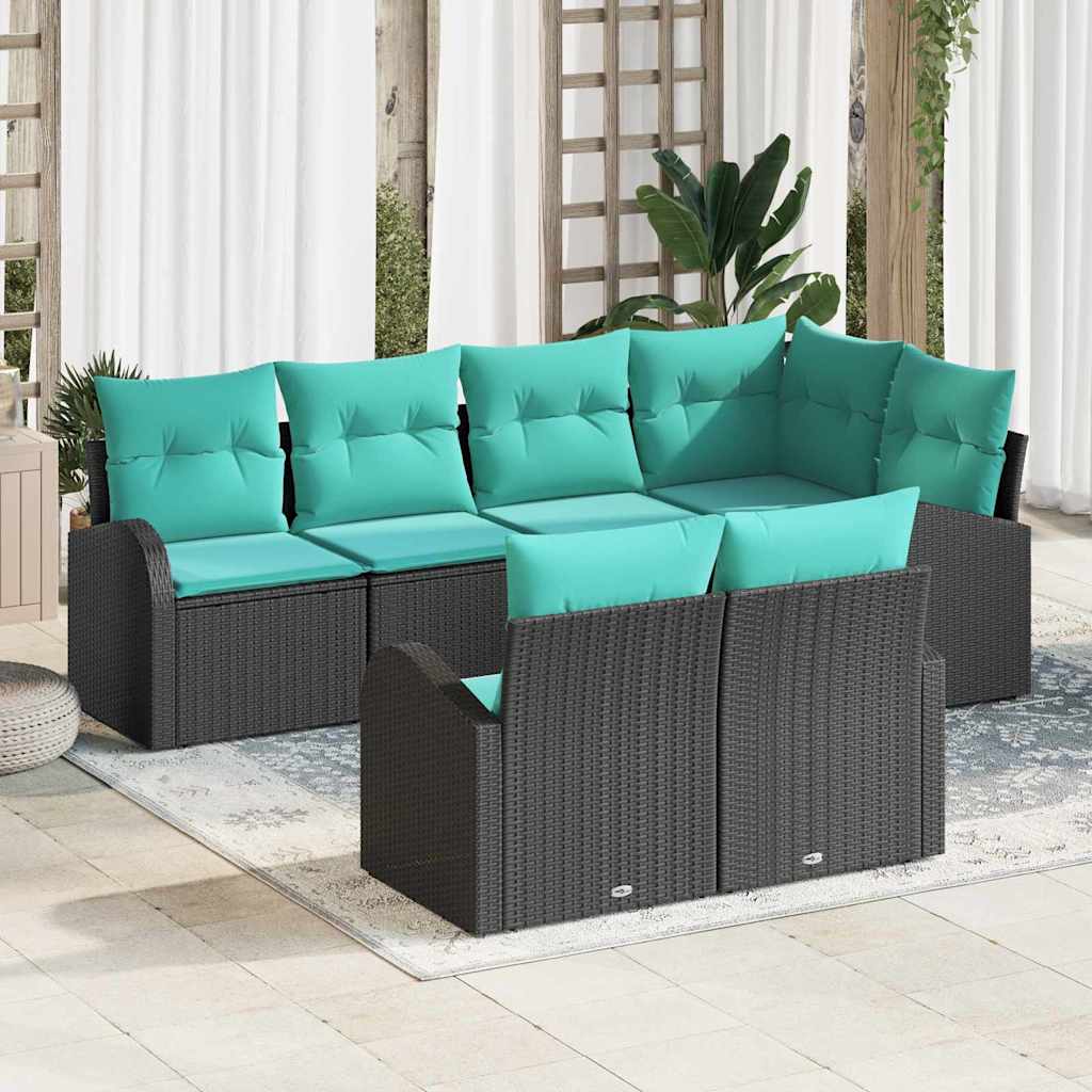 Havesofa Sæt med pude 7 pcs Sort og turkis polyrattan