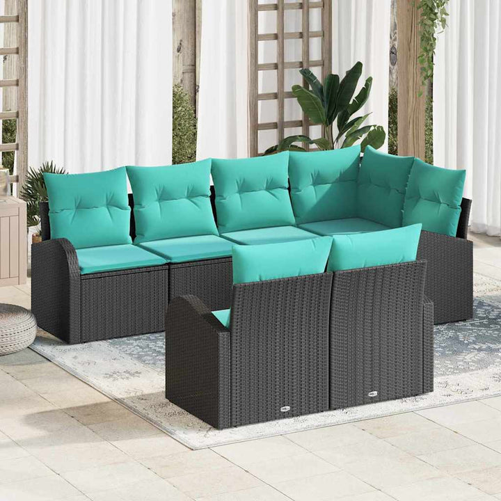 Havesofa Sæt med pude 7 pcs Sort og turkis polyrattan