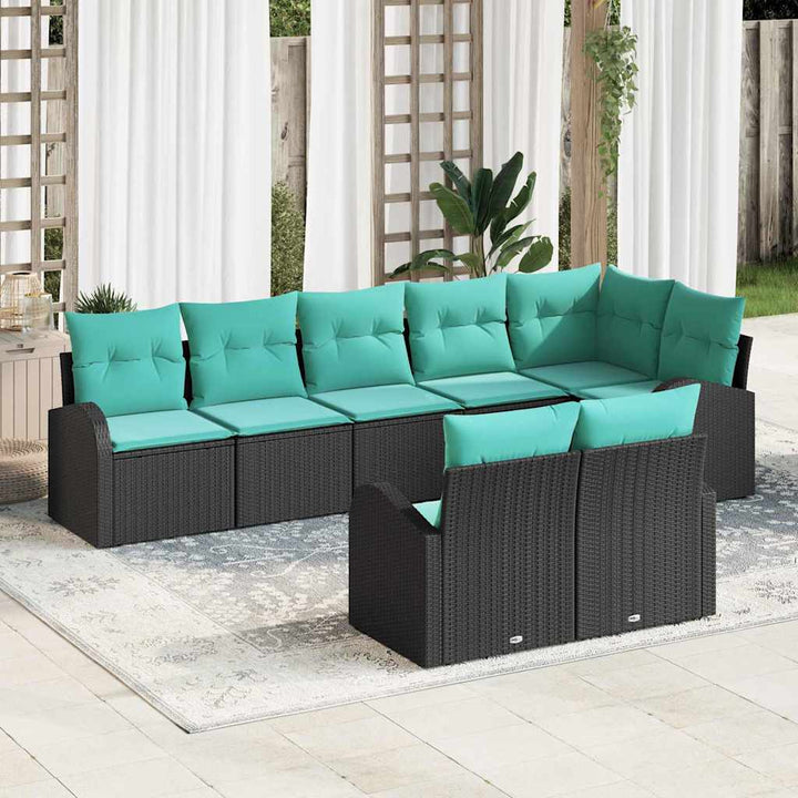 Havesofa Sæt med pude 8 pcs Sort og turkis polyrattan
