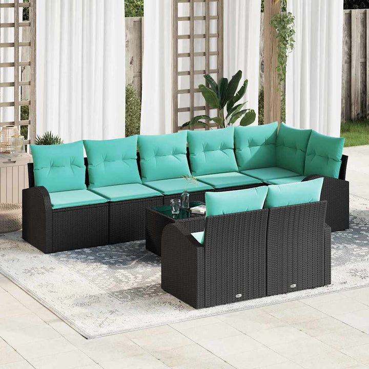 Havesofa Sæt med pude 9 pcs Sort og turkis polyrattan