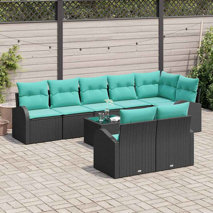Havesofa Sæt med pude 9 pcs Sort og turkis polyrattan