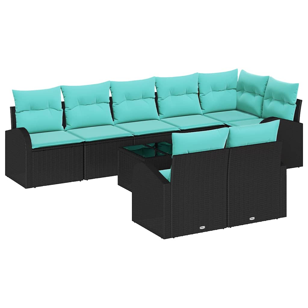 Havesofa Sæt med pude 9 pcs Sort og turkis polyrattan