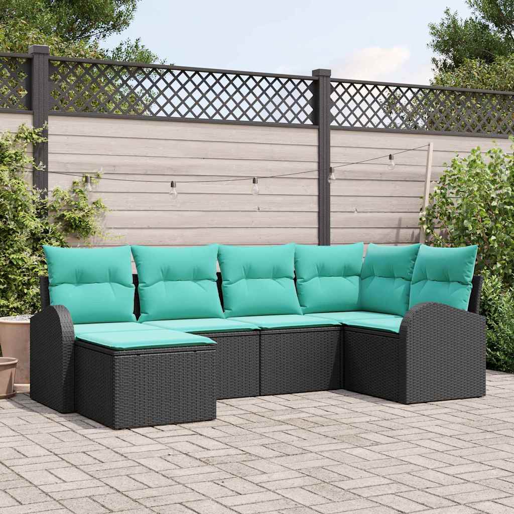 Sofa Sæt med pude 6 pcs Sort og turkis polyrattan