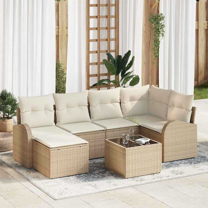 Sofa Sæt med pude med opbevaring 7 pcs Beige og hvid polyrattan