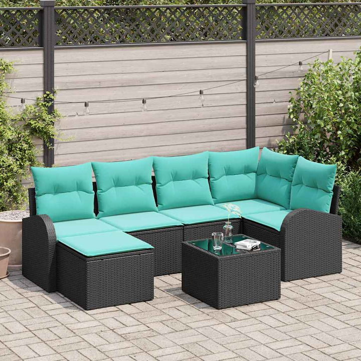 Sofa Sæt med pude 7 pcs Sort og turkis polyrattan