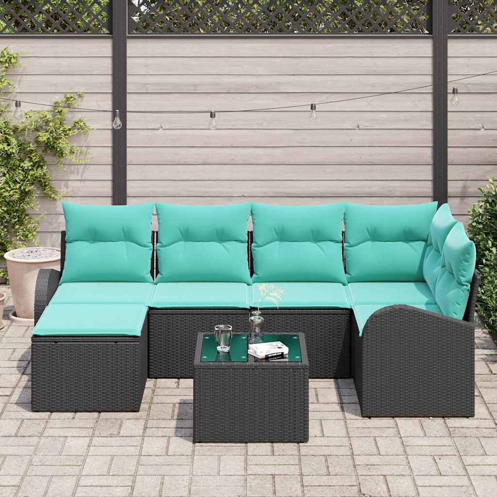 Sofa Sæt med pude 7 pcs Sort og turkis polyrattan