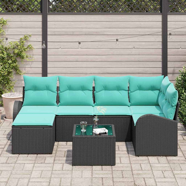 Sofa Sæt med pude 7 pcs Sort og turkis polyrattan
